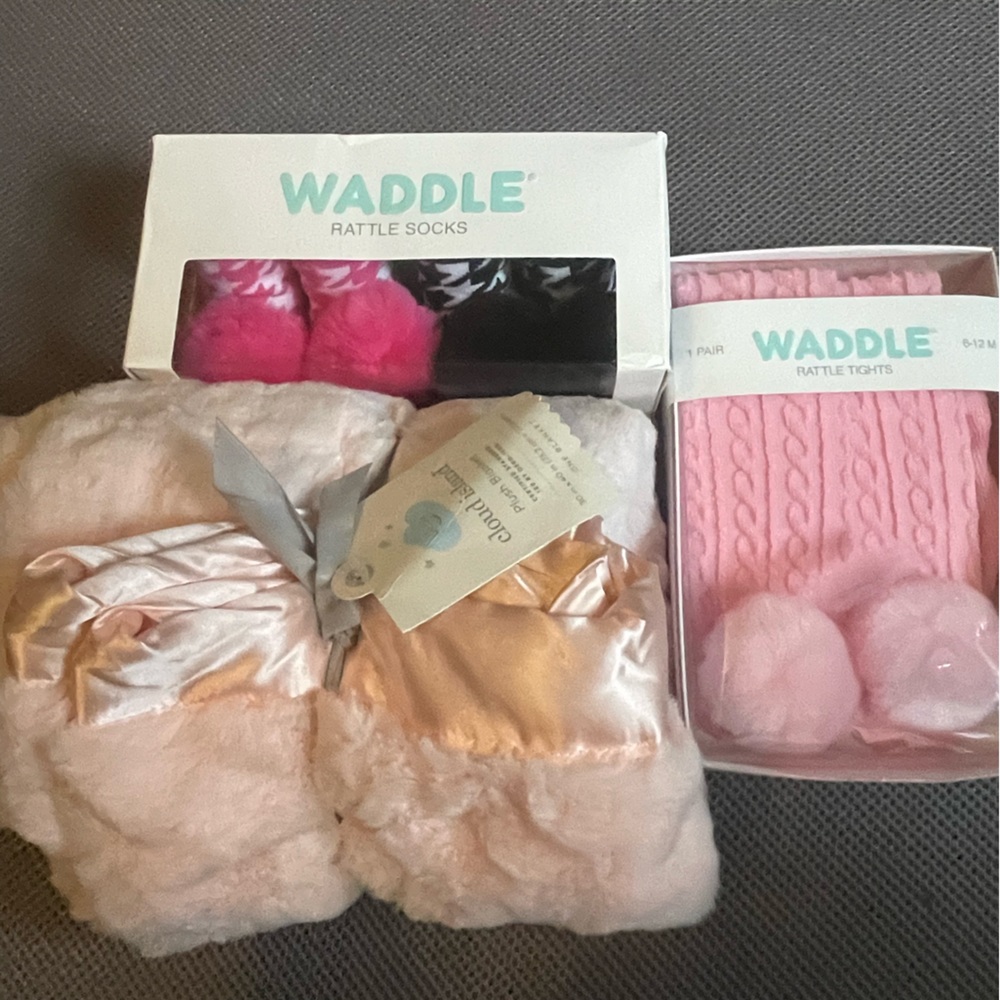 Waddles socks and tights & pink blanket